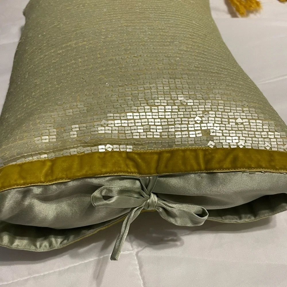 Michele Varian Silk and Sequin throw pillow cover with down insert seafoam green